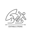 Surf wipeout linear icon. Being thrown off surfboard by breaking waves. Losing consciousness. Thin line customizable illustration. Contour symbol. Vector isolated outline drawing. Editable stroke