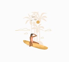 Hand Drawn Vector Abstract Stock Graphic Summer Time Cartoon,minimalistic Style Illustration With Bohemian Beautiful Girl Sunbathes And Surfing On Surfboard On The Beach,isolated On White Background