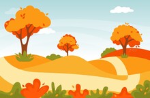 Autumn Road Landscape. Natural Forest Landscape. Vector Fall Foliage Nature Illustration.