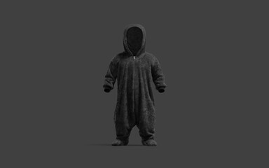 Sticker - Blank black kid plush jumpsuit with hood mockup, dark background