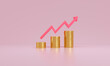Up arrow and coin stacks on pink background. Growth and financial success concept.