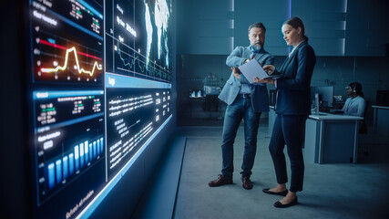 Wall Mural - Project Manager and Computer Science Engineer Talk while Using Big Screen Display and a Laptop, Showing Infrastructure Infographics Data. Telecommunications Company System Control and Monitoring Room.