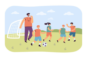 Team of little football players with coach. Flat vector illustration. Boys and girl playing with ball, training on soccer field with teacher whistling. Sport class, school, football game concept