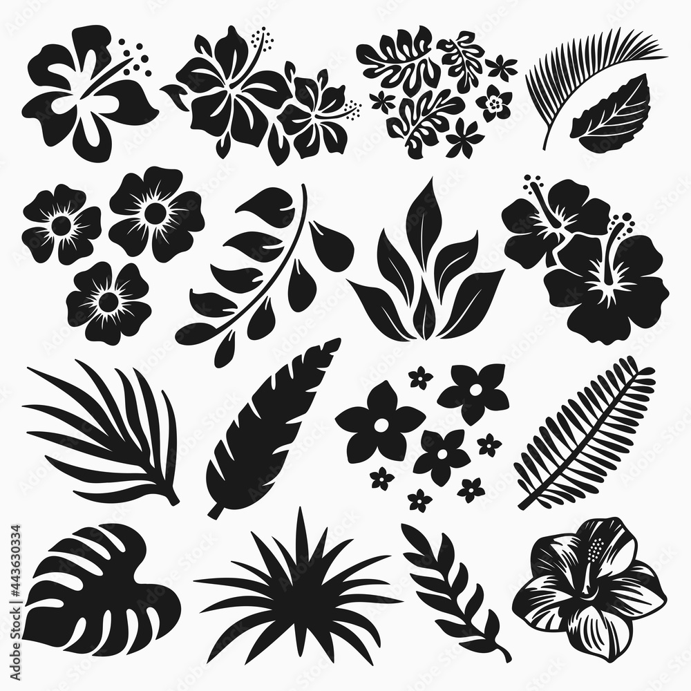 Hibiscus And Tropical Leaves Vector Collection - obrazy, fototapety, plakaty 