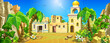 Arabian town among the sands and palm trees. An old Muslim town. Vector illustration. Big desert with palm trees.