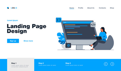 Poster - Young tiny girl sitting and coding via laptop. Computer, programmer, code flat vector illustration. IT and digital technology concept for banner, website design or landing web page