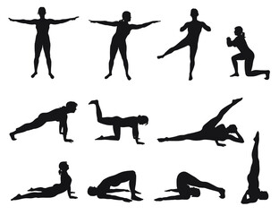 Wall Mural - Set of vector icons of woman doing yoga exercises. Silhouettes of flexible girl stretching her body in different yoga poses. Black shapes of woman isolated on white background.