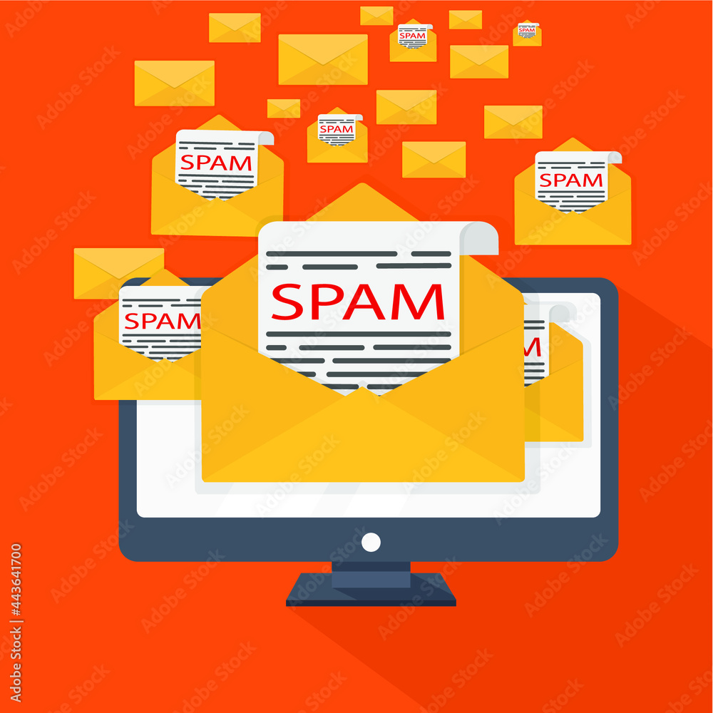 Sticker Spam Computer computer monitor on a bright orange background with many envelopes and ...