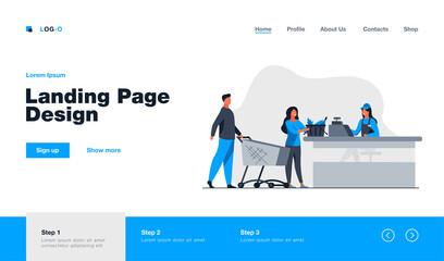 Poster - Young people standing near cashier in grocery store. Counter, payment, buyer flat vector illustration. Food, meal and products concept for banner, website design or landing web page