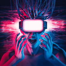 Hardwired Virtual Reality Glasses Man / 3D Illustration Of Science Fiction Cyberpunk Shocked Male Character Having A Mind Blowing VR Experience With Copy Space On Eye Screen