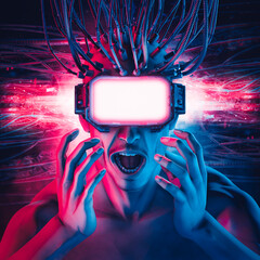 Wall Mural - hardwired virtual reality glasses man / 3d illustration of science fiction cyberpunk shocked male ch