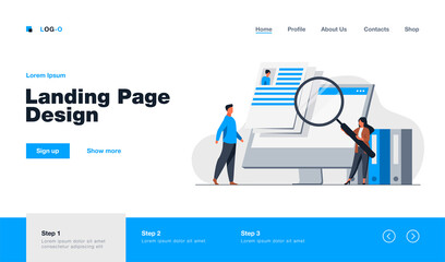 Poster - Tiny HR manager looking for candidate for job. Interview, magnifier, computer screen flat vector illustration. Career and employment concept for banner, website design or landing web page