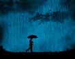 A man walks with his umbrella in a rainstorm at night in this 3-d illustration.