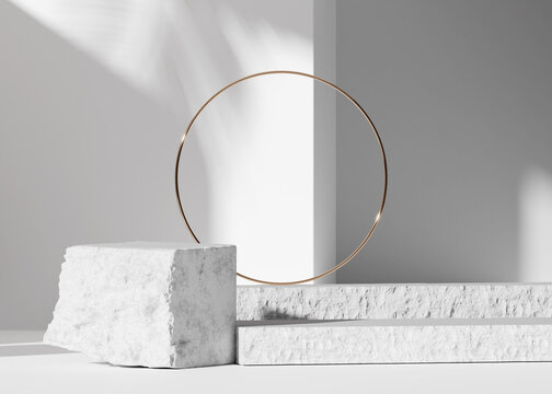 3D background, stone podium display. Round circle, gold rim frame. Cosmetics, beauty product promotion white pedestal.  Natural  shadow, rough grey rock showcase. Abstract minimal studio 3D render 
