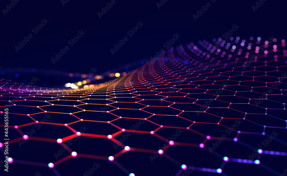 Cyber big data flow. Blockchain data fields. Network line connect stream. Concept of AI technology, digital communication, science research, 3D illustration neural cells - obrazy, fototapety, plakaty 