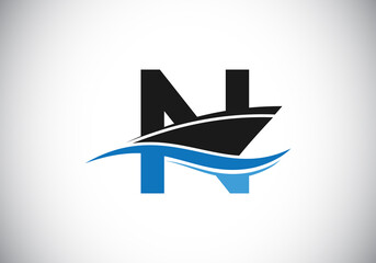 Capital letter N with the ship, cruise, or boat logo design template, Yacht icon sign symbol with ocean waves vector illustration