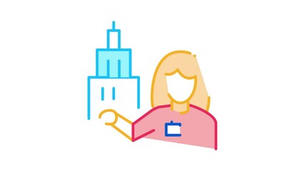 Poster - Woman Guide near Tower Landmark Icon Animation. color Woman Guide near Tower Landmark animated icon on white background