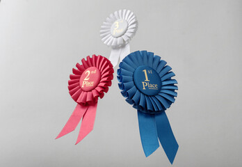 Wall Mural - three rosettes fly over gray background as prizes to winners and champions for quality and victory.