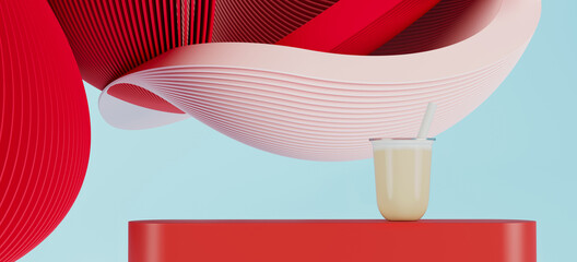 Poster - Minimal background for branding and product presentation. Red podium and milk tea cup with subtle circular geometric pattern. 3d rendering illustration. Clipping path of each element included.