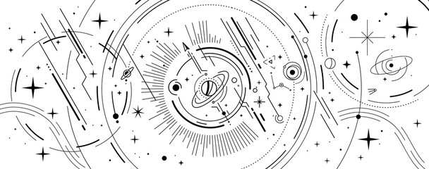 vector abstract black and white space illustration with star, planet and line