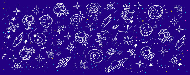 Wall Mural - vector abstract kid space illustration, fun pattern with astronaut, star, planet and white line