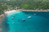 Fototapeta  - Aow Leuk Beach on Koh Tao, Thailand Drone Aerial View of Stunning Scuba Diving Bay with boats