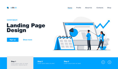 Poster - Young tiny analysts preparing monthly report. Calendar, chart, arrow flat vector illustration. Statistics and digital technology concept for banner, website design or landing web page