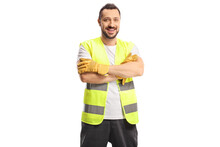 Smiling Man Waste Collector In A Uniform And Gloves