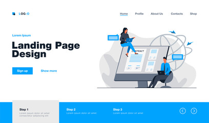Aufkleber - Partners signing contract online. People talking at monitor with document with signatures flat vector illustration. Internet, global business concept for banner, website design or landing web page