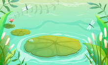 Pond, Swamp Or Lake Scenery Horizontal Background With Waterlily And Lily Plants Grass And Reeds. Swamp Illustration In Green Tones For Kids, Empty Nature Vector Background In Watercolor Style.
