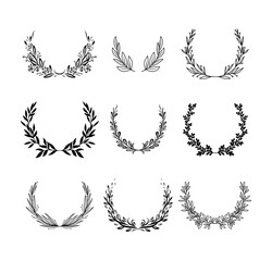 Wall Mural - Collection of elegant floral wreaths. Floral round frames from flowers, branches and leaves, laurel. Decorative elements for design. Vector illustration  isolated on white background