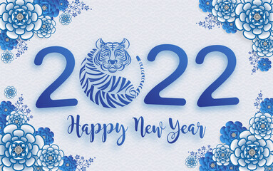 Chinese new year 2022 year of the tiger red and gold flower and asian elements paper cut with craft style on background.( translation : chinese new year 2022, year of tiger )