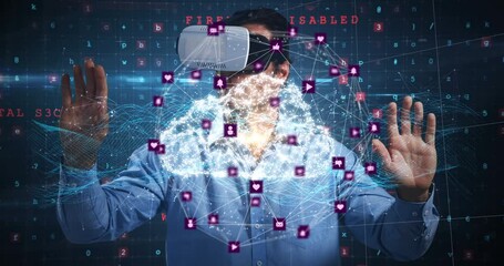 Poster - Animation of network of connections with icons over man wearing vr headset and data processing