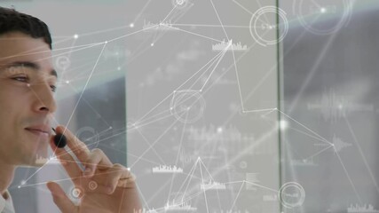 Poster - Animation of network of connections over businessman using phone headset