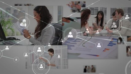 Poster - Animation of network of connections over business people wearing phone headsets