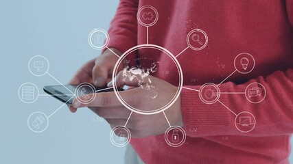 Poster - Animation of network of connections over man using smartphone