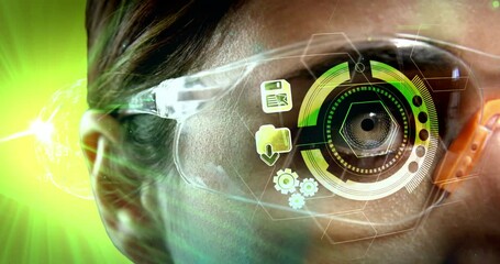 Poster - animation of globe over woman wearing vr headset
