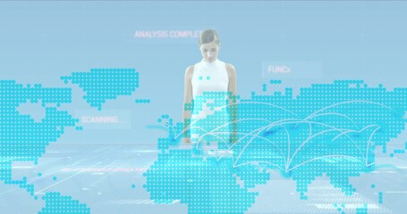 Poster - animation of data processing and statistics over woman and world map