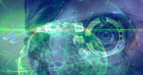 Poster - animation of networks of connections and globe over woman wearing vr headset