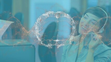 Poster - Animation of human brain and dna strand over businesswoman using headset