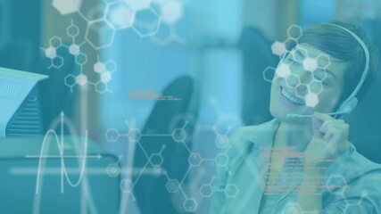 Poster - Animation of scientific data processing over businesswoman using headset