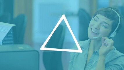 Poster - Animation of white triangles spinning over businesswoman using headset