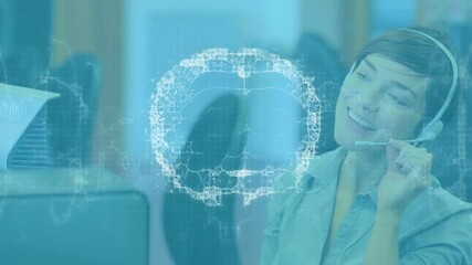 Poster - Animation of human brain and dna strand over businesswoman using headset