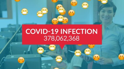 Poster - Animation of covid 19 data processing over multiple sick emojis with face masks over businesswoman