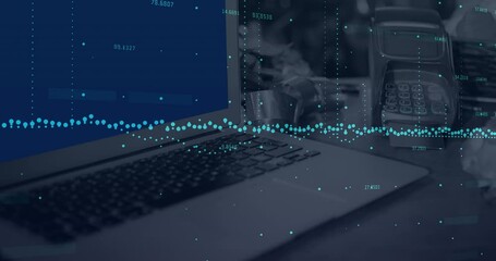 Poster - Animation of financial data processing over laptop and payment terminal