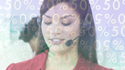 Poster - Animation of numbers changing over businesswoman using phone headsets