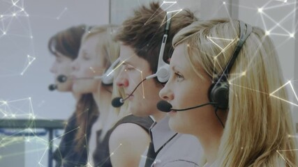 Poster - animation of networks of connections over business people using phone headsets