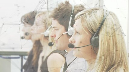 Poster - animation of networks of connections over business people using phone headsets