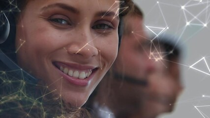 Poster - Animation of network of connections over businesswoman using phone headset