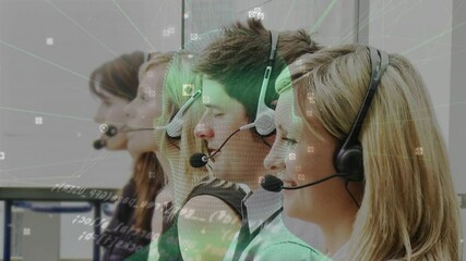 Poster - Animation of networks of connections and human head over business people using phone headsets